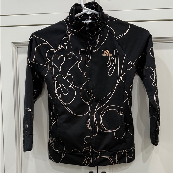 Adidas Black Jacket with roseGold scroll Design girls small(7/8) track tricot - Picture 1 of 12